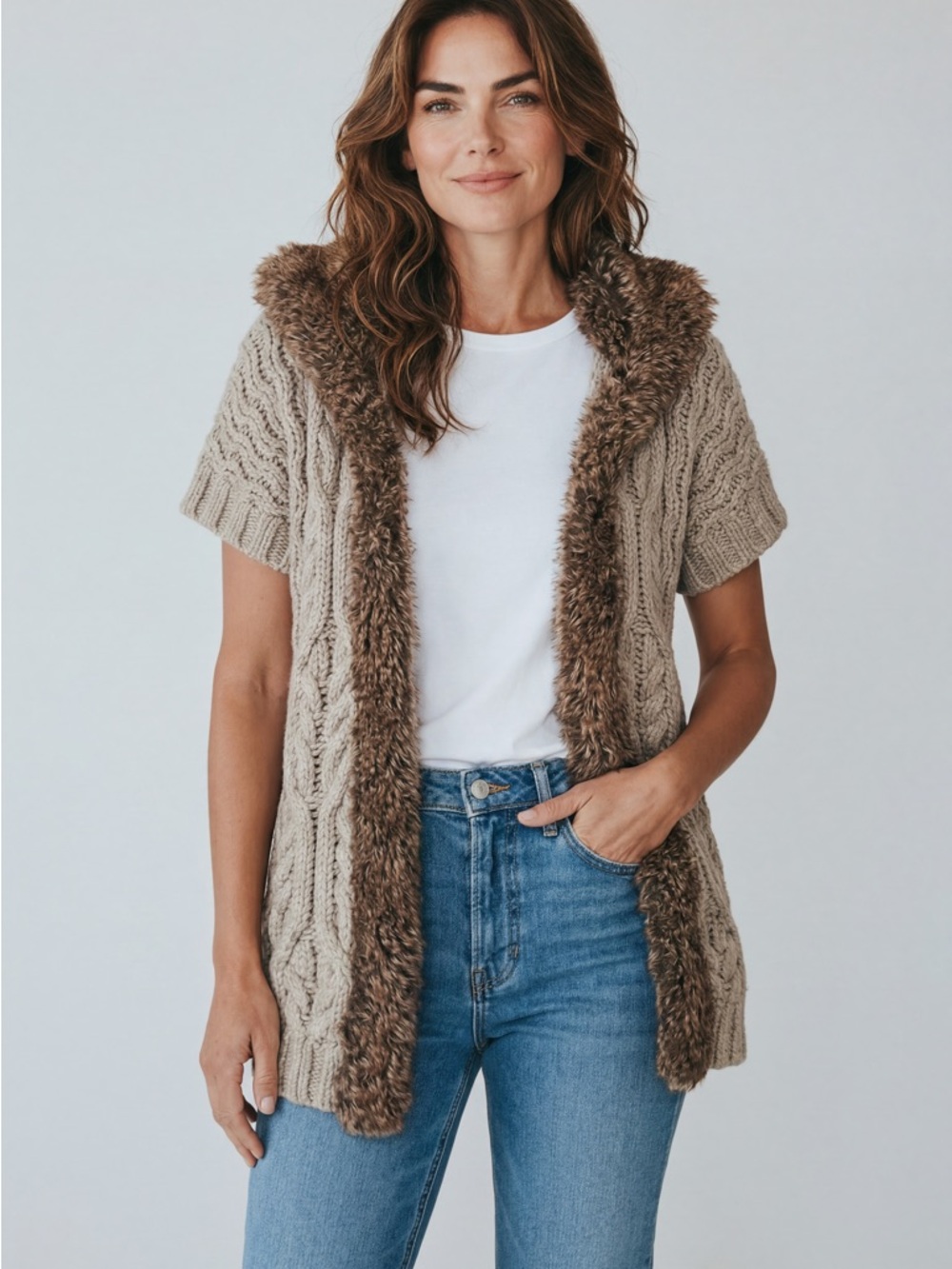 Apt. 9 Beige Cable Knit Cardigan with Brown Trim